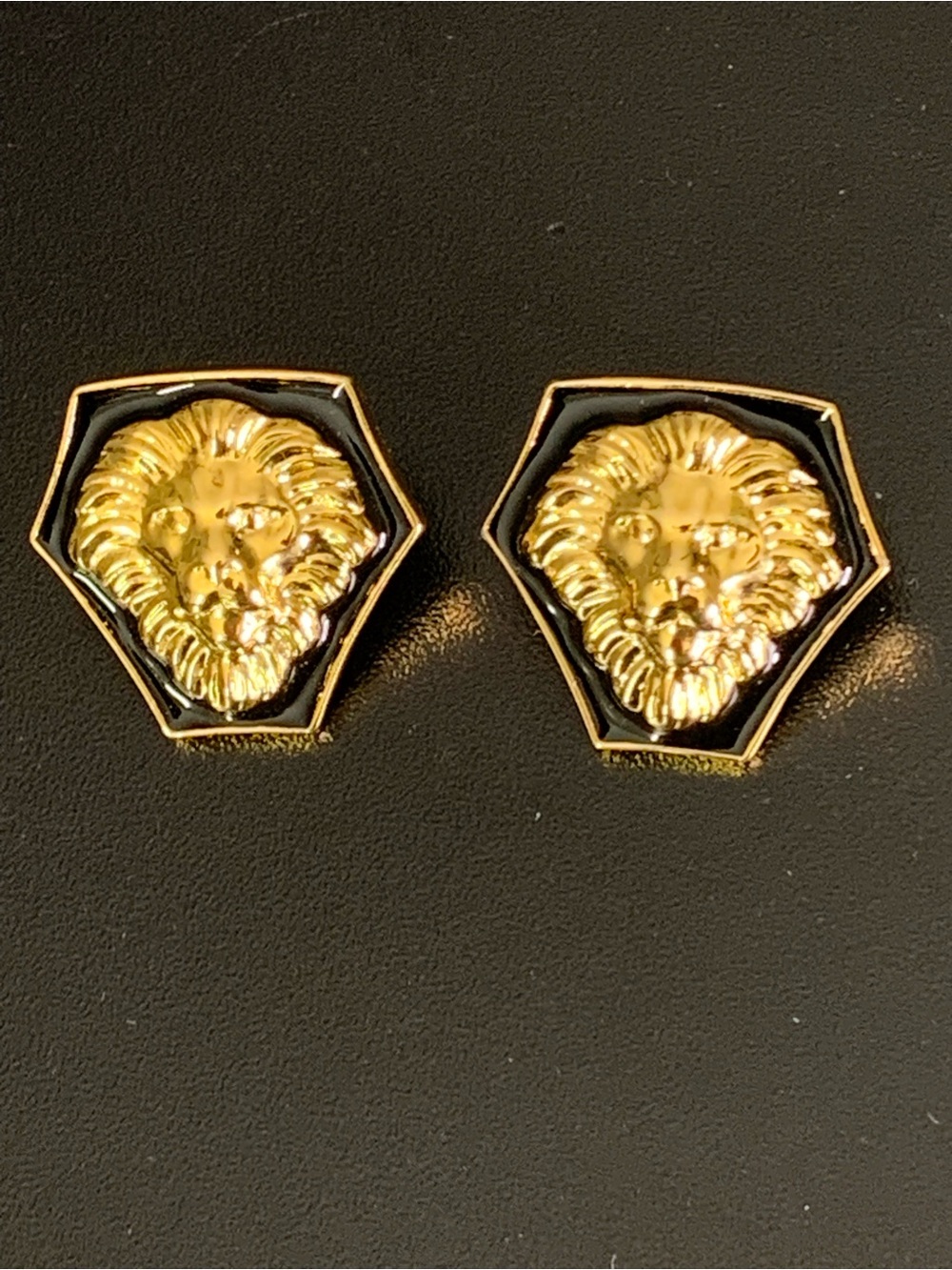 Vintage Anne Klein Black and Gold Enamel Lion Head Gold plated Earrings